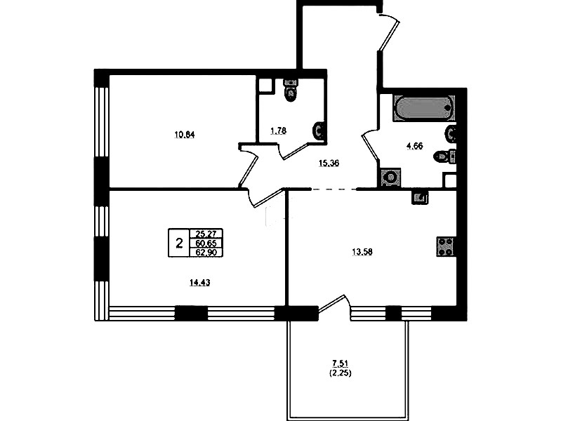 2-комнатная квартира 60.65 м², 1/5 эт., ЖК «Plus Пулковский»